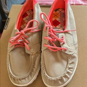 Beige Boat Shoes with Pink Laces Skechers on the go